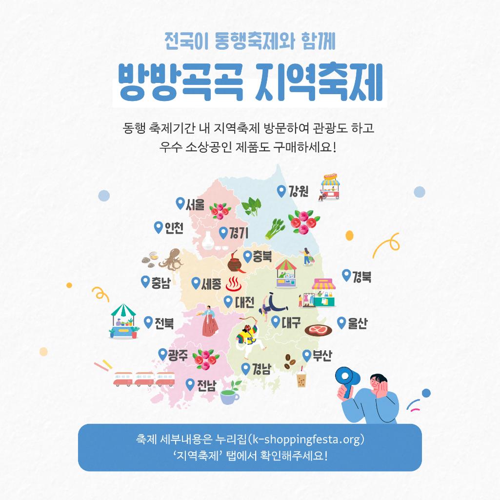 전국이 동행축제와 함께 방방곡곡 지역축제 동행 축제기간 내 지역축제 방문하여 관광도 하고 우수 소상공인 제품도 구매하세요! / 축제 세부내용은 누리집(k-shoppingfesta.org) '지역축제' 탭에서 확인해주세요!