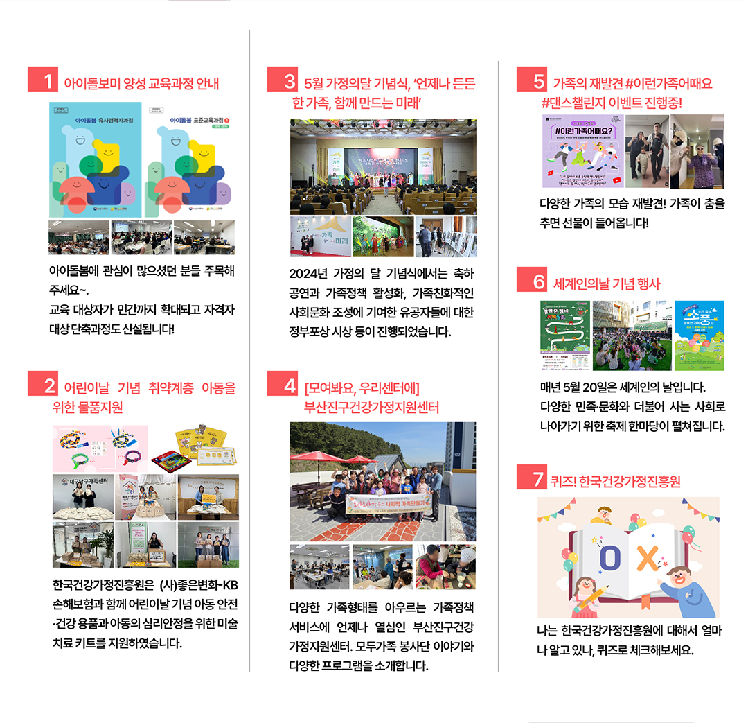 1. 아이돌보기 양성 교육과정 안내 - 아이돌봄에 관심이 많으셨던 분들 주목해 주세요~. 교육 대상자가 민간까지 확대되고 자격자 대상 단축과정도 신설됩니다! / 2. 어린이날 기념 취약계층 아동을 위한 물품 지원 - 한국건강가정진흥원은 (사)좋은변화-KB손해보험과 함께 어린이날 기념 아동 안전건강용품과 아동의 심리안정을 위한 미술 치료 키트를 지원하였습니다. / 3. 5월 가정의달 기념식, 